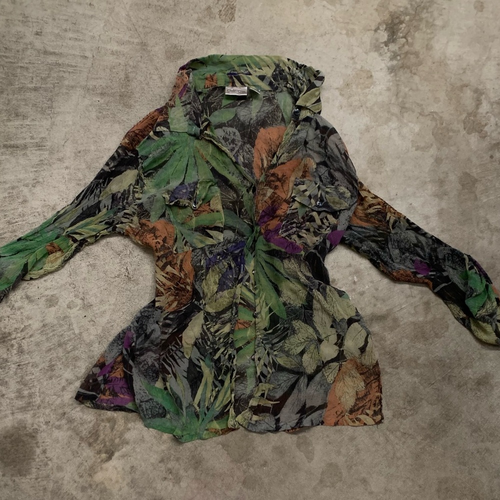 Chico's Silk Leaf Pattern Button Down Top